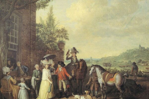 Wilhelm Joseph Laquy - Abschied an der Fähre (Prinzessin Wilhelmine von Preußen mit einer Falkenjagdgesellschaft auf die Fähre bei Spyck wartend), 1787 / MKK Dauerleihgabe des Freundeskreises, Schenkung von Dr.Tresi Sack u. Prof. Dr. Heinz Sack, Krefeld