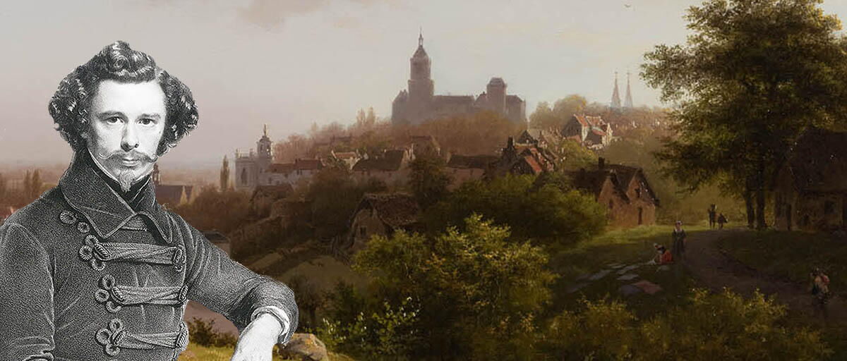 Fotomontage 2025: B.C. Koekkoek (Porträt von Charles Baugniet, 1839) vor seinem Bild „Souvenir de Clèves“, 1847